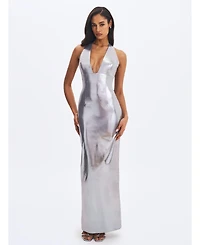 Miss Circle Women's Valeska Silver Foil Plunging Sheath Maxi Dress