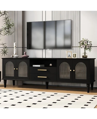 Streamdale Furniture 68.9" Retro Tv Stand - Fluted Glass Doors, Wood Legs