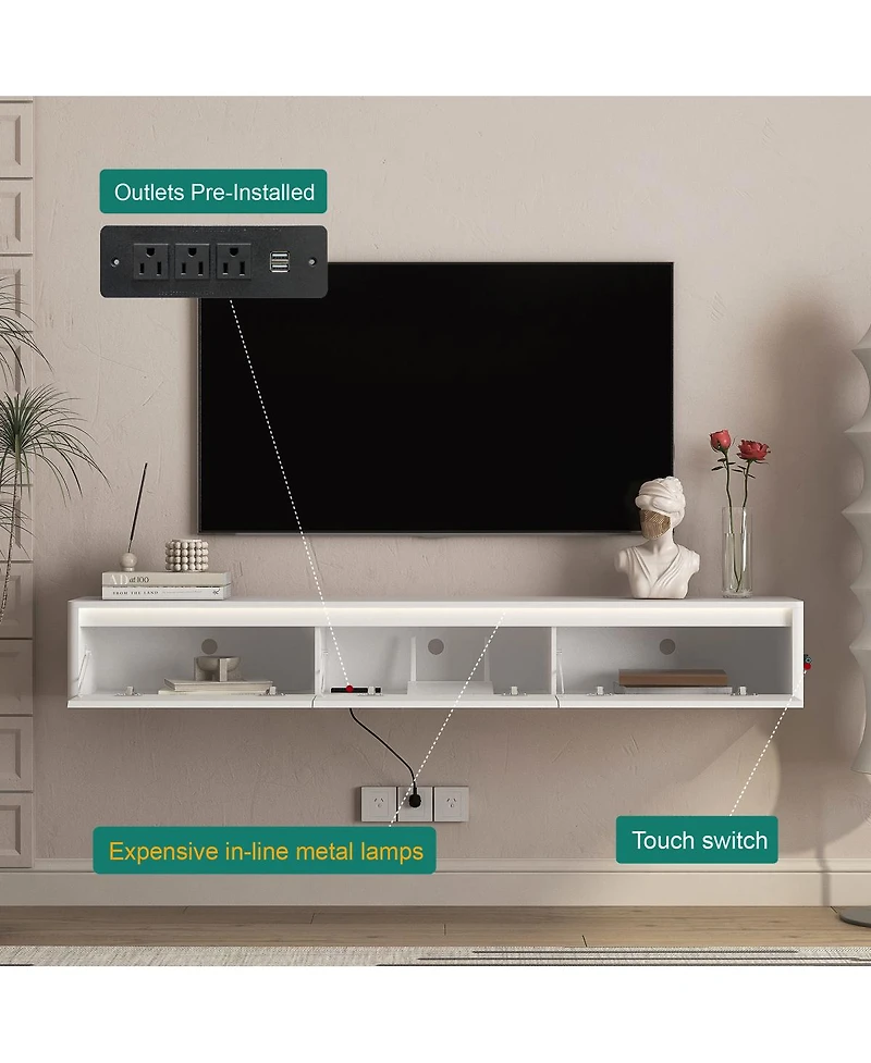 Streamdale Furniture Floating Tv Stand with Led Lights & Power Outlet