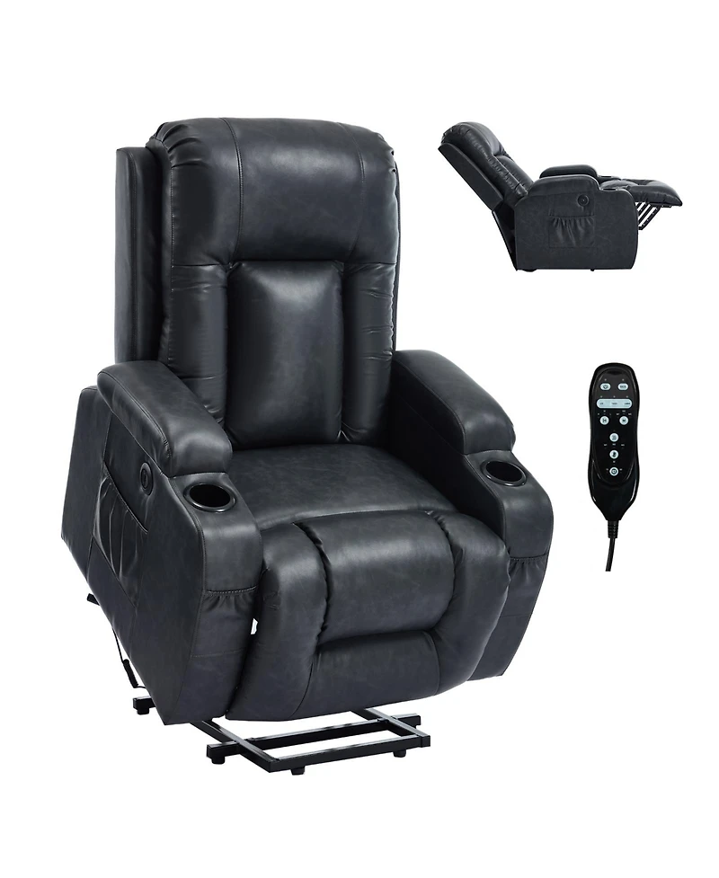 sumyeg Pu Power Lift Recliner 350LB capacity 8-point massage lumbar heat with Usb port and cup holders