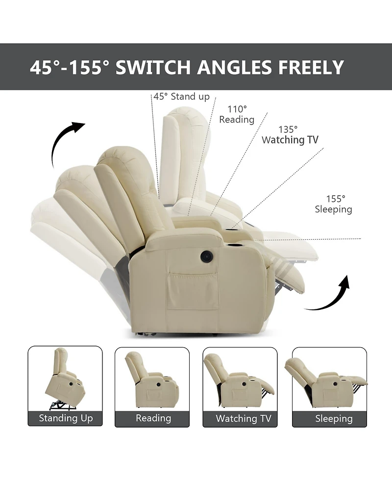 sumyeg Pu Power Lift Recliner 350LB capacity 8-point massage lumbar heat with Usb port and cup holders