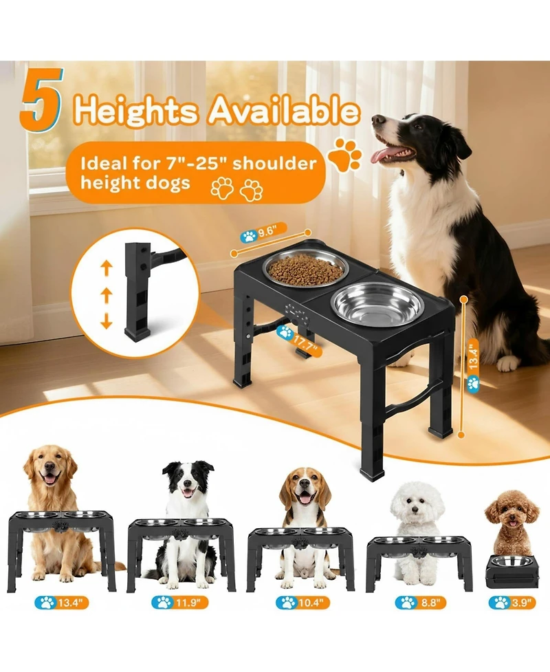 Aronkl Elevated Dog Bowl Stand 5 Adjustable Heights Foldable Travel Feeder Stainless Steel Bowls Non-slip