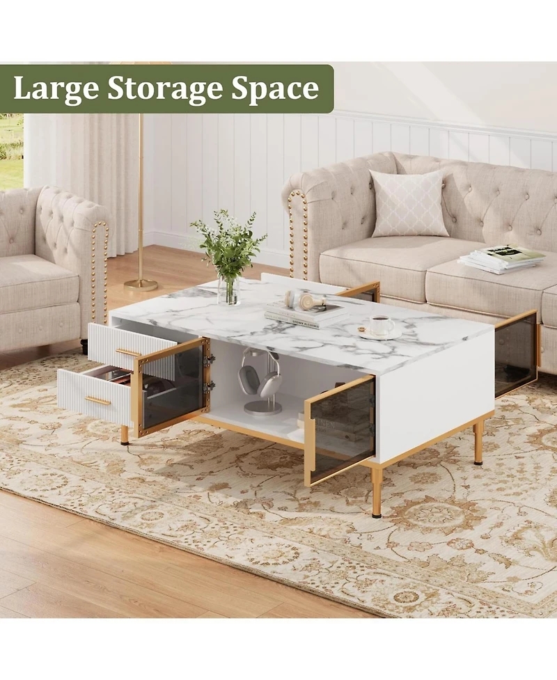 gaomon Minimalist Coffee Table with Faux Marble Top, Glass Doors and Metal Frame