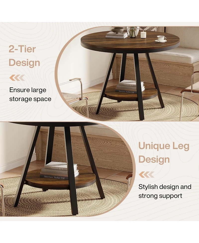 Tribesigns 2-Tier Industrial Round Dining Table, Small Kitchen Dinner Table for 2-4 People, 35-Inch Circle Wood Kitchen Table