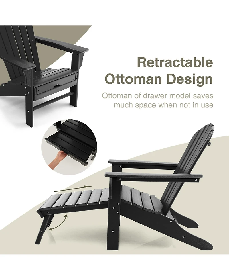 Gymax Patio Adirondack Chair Hdpe Outdoor Lounge w/ Retractable Ottoman