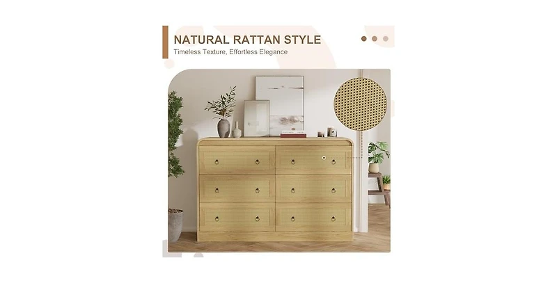 gaomon 46''Wide Rattan Dresser,6 Drawer Dresser for Bedroom,Dressers & Chests of Drawers