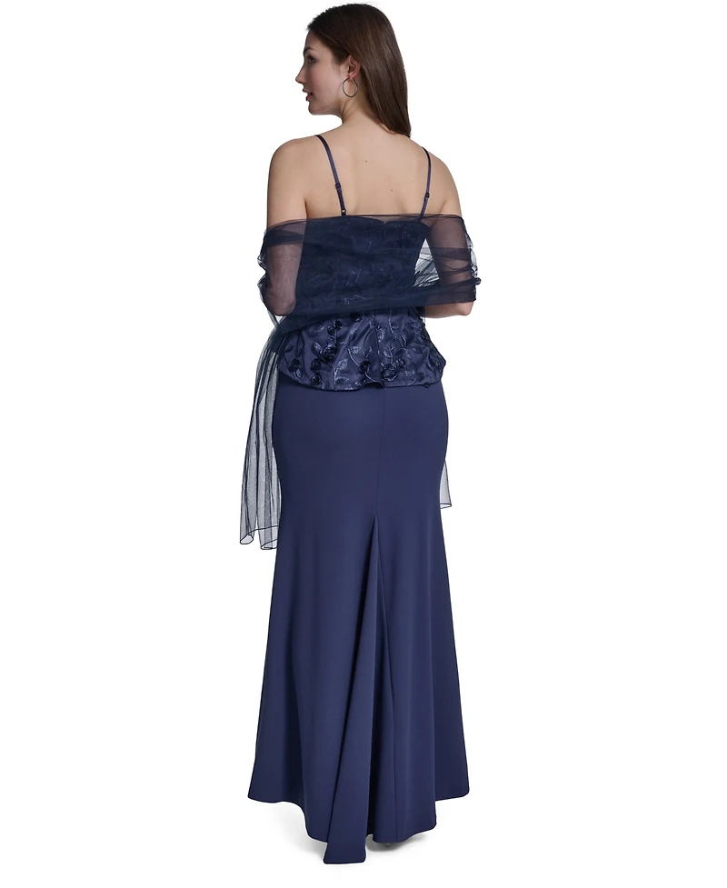 Eliza J Women's Spaghetti Strap Combo Overlay Top Mermaid Gown