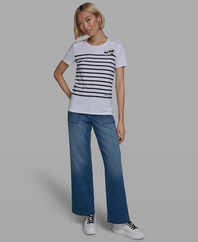 Karl Lagerfeld Paris Women's Short-Sleeve Striped Logo T-Shirt
