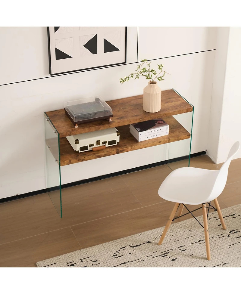 Streamdale Furniture Streamdale Mdf Console Table, Big Side Table, Walnut Tempered Glass Desk, Entry Table