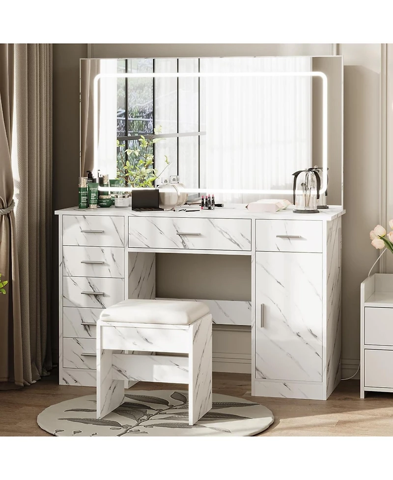 gaomon Makeup Vanity Desk with Large Lighted Mirror,3 Light Modes, Brightness Adjustable, 7-Drawer Dressing Table with Hairdryer Holder