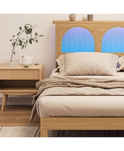 gaomon Boho Rattan Bed Frame Wood Platform Smart Rgb Led Rattan Headboard Under Storage No Box Spring Easy Assembly