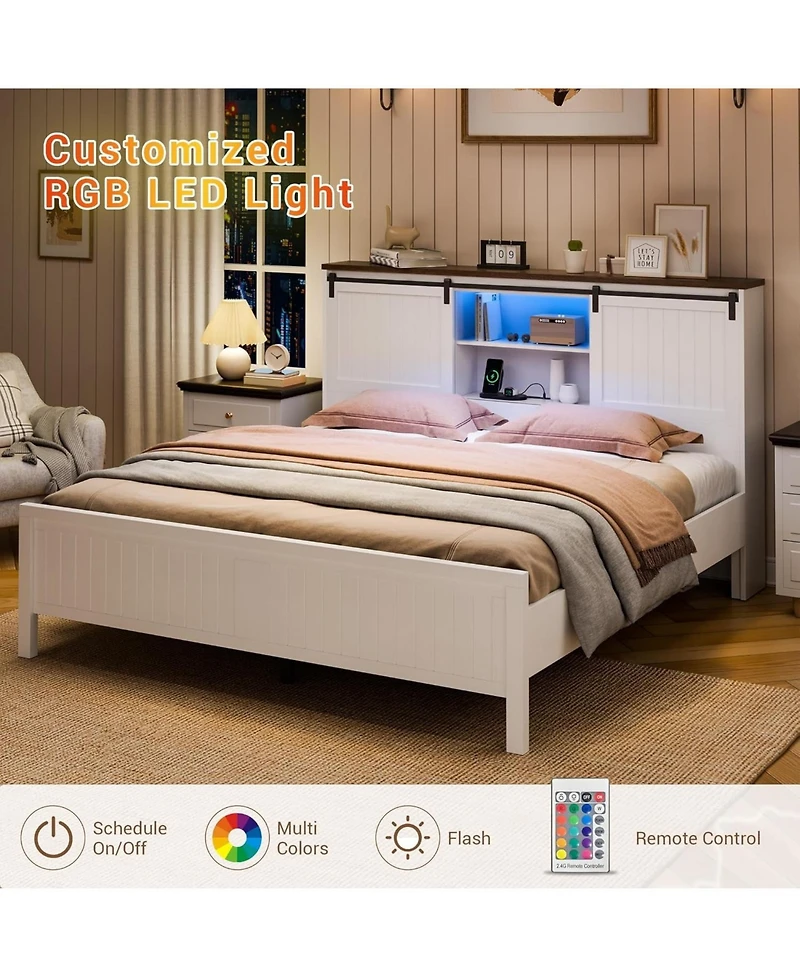 gaomon Farmhouse Bed Frame with Storage, Charging Station, Led Light, Sliding Barn Door, Noise-Free, Easy Assembly, No Box Spring Needed