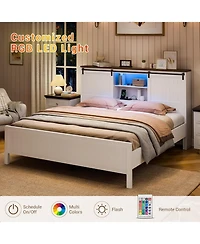 gaomon Farmhouse Bed Frame with Storage, Charging Station, Led Light, Sliding Barn Door, Noise-Free, Easy Assembly, No Box Spring Needed
