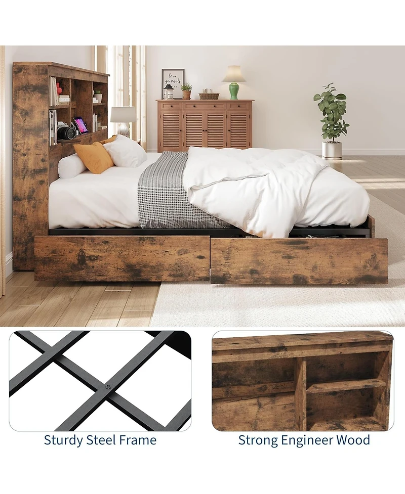 gaomon Bed Frame High Storage Bookcase Headboard 4 Drawers Charging Station Metal Noise-Free No Box Spring