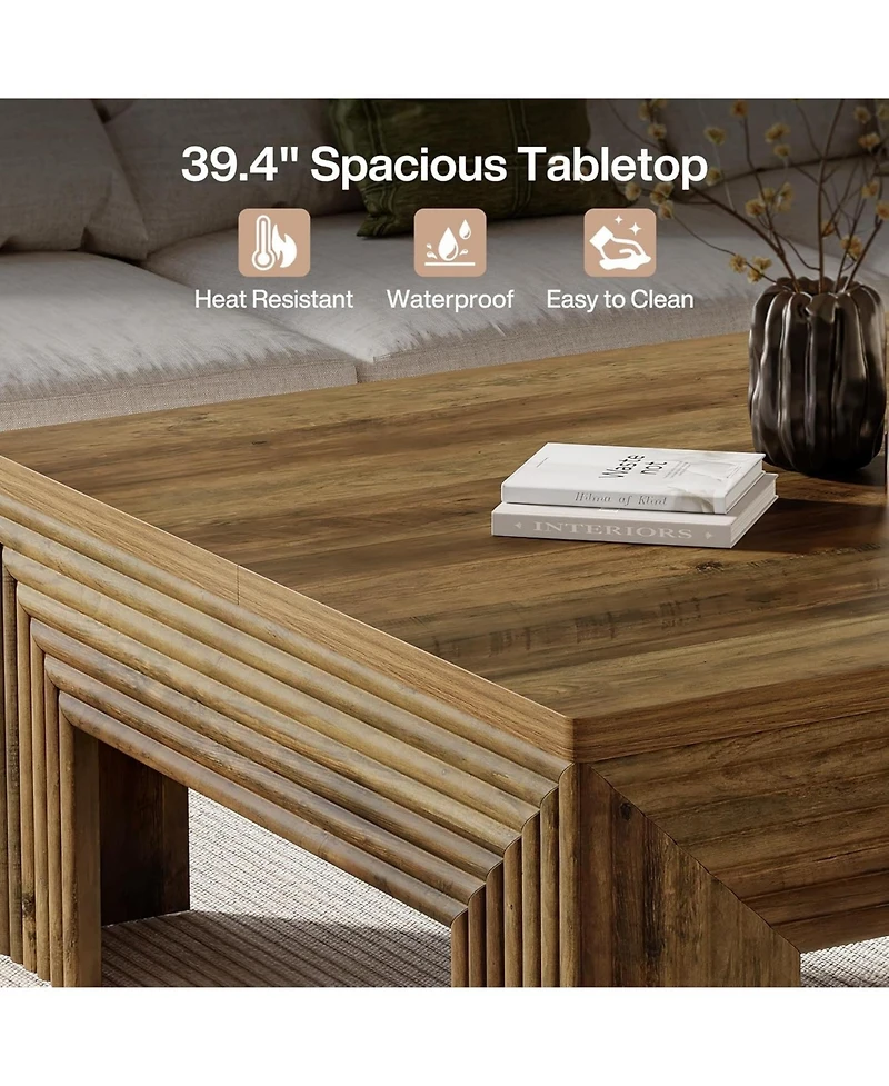 Tribesigns Square Coffee Table for Living Room, 39.4'' Large Wood Center Table with Unique Fluted Legs, Farmhouse Low Cocktail Tea Accent Table