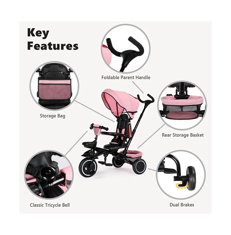 Kinder King 8-in-1 Folding Kids Tricycle Stroller with Adjustable Push Handle, Convertible Toddler