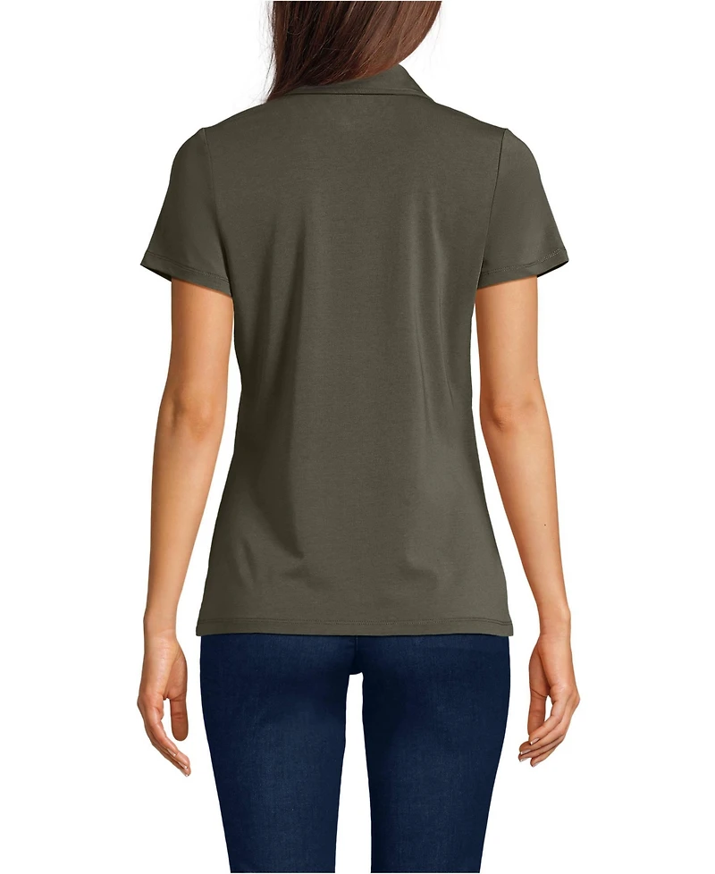 Lands' End Women's Short Sleeve Lightweight Jersey Pintuck Open Collar Polo
