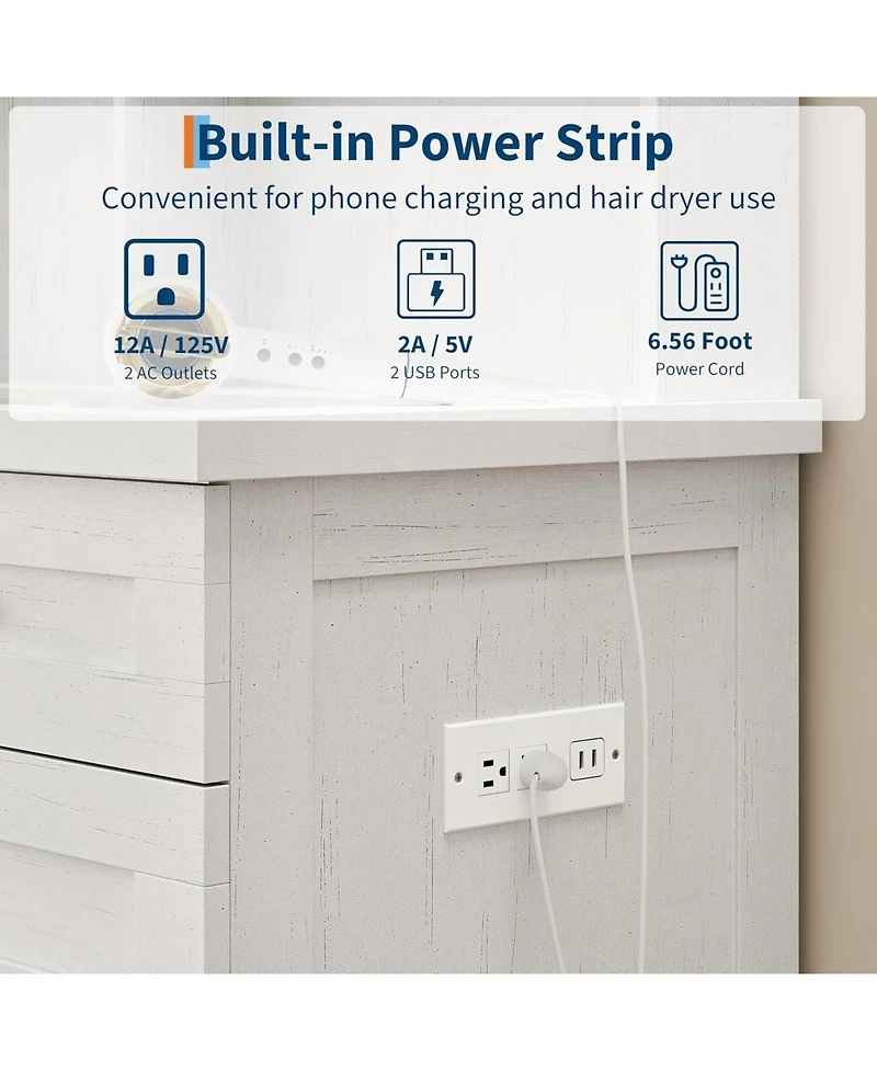 gaomon Farmhouse Lighted Vanity Set with Stool and Integrated Power Outlet