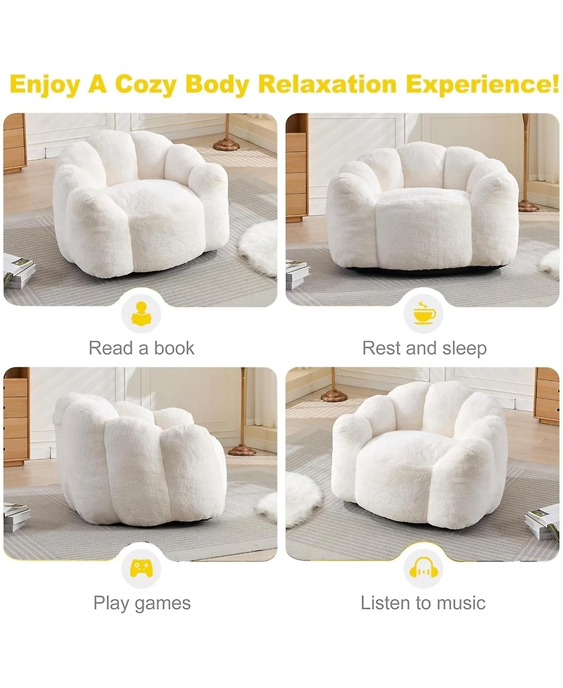 Rainsken Large Bean Bag Chair, Faux Fur Reading Sofa Chair with Petal Backrest and Pull Ring, Oversize Reading Chair for Bedroom
