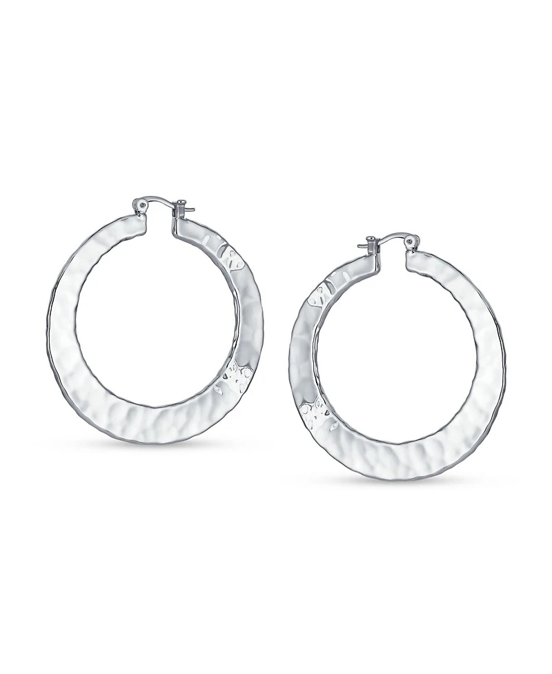 Bling Jewelry Large Fashion Flat Hammer Finish Statement Hoop Earrings Silver Plated 2 Inch