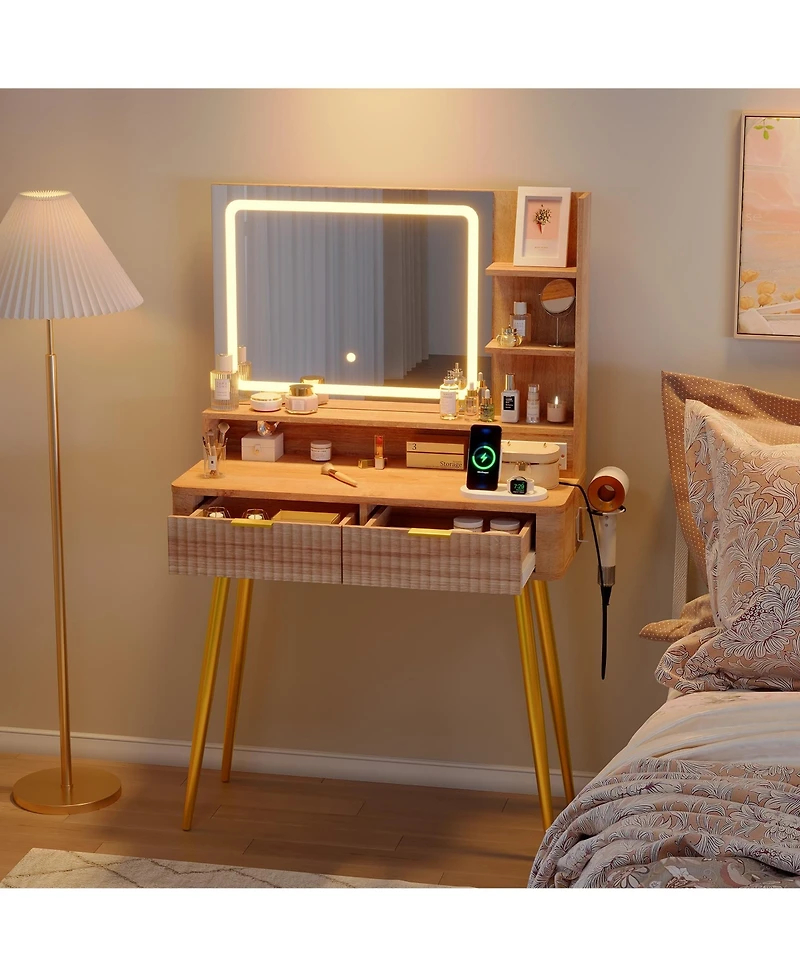 gaomon 31" Mid-Century Modern Makeup Vanity Desk with Lighted Mirror, 2 Drawers and Cabinet