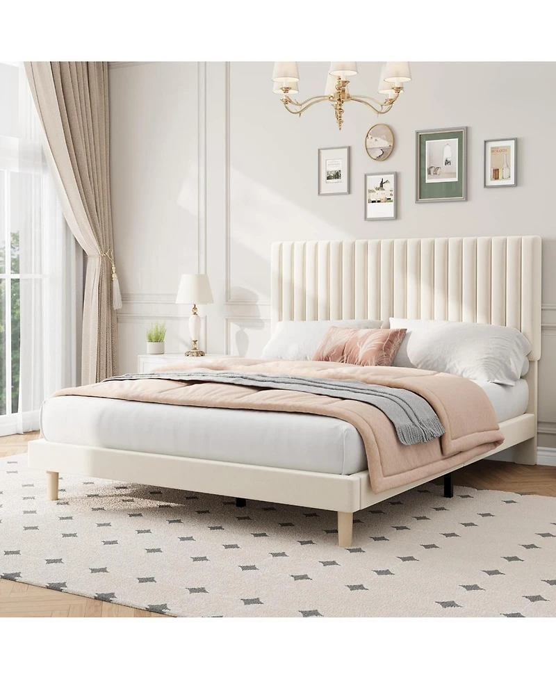 gaomon Velvet Platform Bed Frame with Vertical Channel Tufted Adjustable Headboard, Strong Wood Slats, No Box Spring Needed.