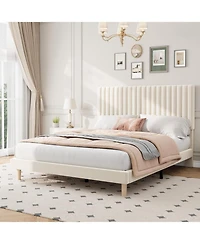 gaomon Velvet Platform Bed Frame with Vertical Channel Tufted Adjustable Headboard, Strong Wood Slats, No Box Spring Needed.