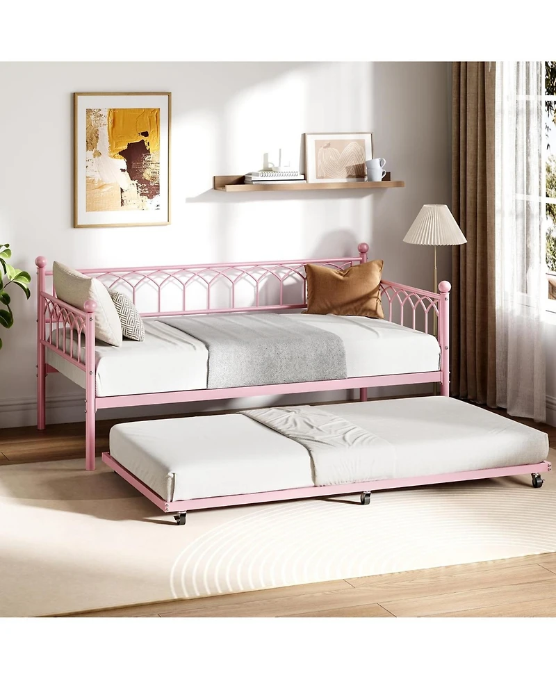 gaomon Twin Size Metal Roll-Out Trundle Bed Frame with Wheels, Steel Slat Support, Space-Saving Guest Bed Solution