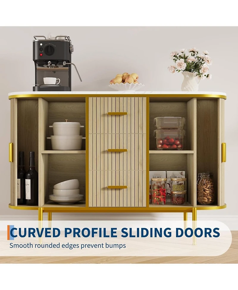 gaomon 50" Mid Century Fluted Buffet Cabinet, Modern Coffee Bar Console Table with Faux Marble Top & Curved Sliding Doors, Storage Accent Cabinet