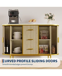 gaomon 50" Mid Century Fluted Buffet Cabinet, Modern Coffee Bar Console Table with Faux Marble Top & Curved Sliding Doors, Storage Accent Cabinet