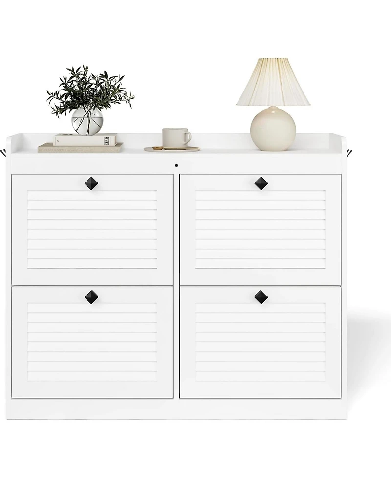 Homfan Large Shoe Storage Cabinet with 4 Flip Drawers, Freestanding Narrow Organizer Hooks and Storage, Hidden