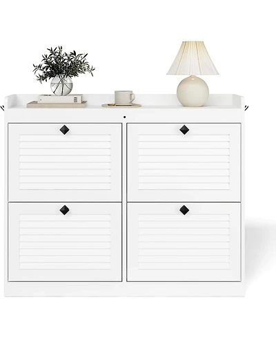 Homfan Large Shoe Storage Cabinet with 4 Flip Drawers, Freestanding Narrow Organizer Hooks and Storage, Hidden