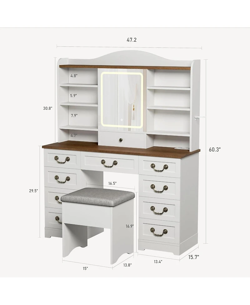 gaomon 47" Makeup Vanity Desk and Chair Set with Lighted Mirror and 8 Shelves