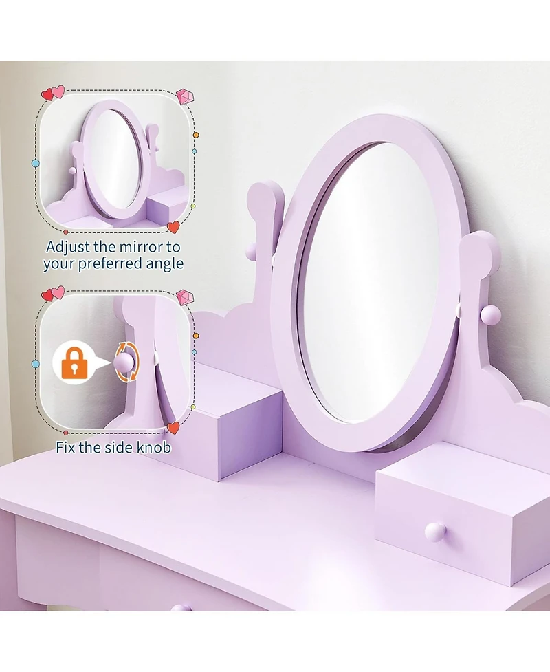 gaomon Kids Wooden Princess Vanity Set with Adjustable Mirror, Stool and Drawers