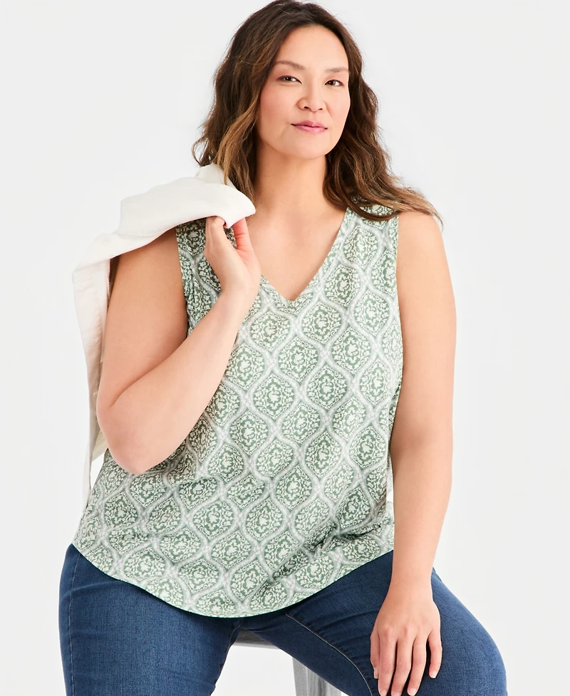 Style & Co Plus Printed V-Neck Tank Top, Macy's Exclusive
