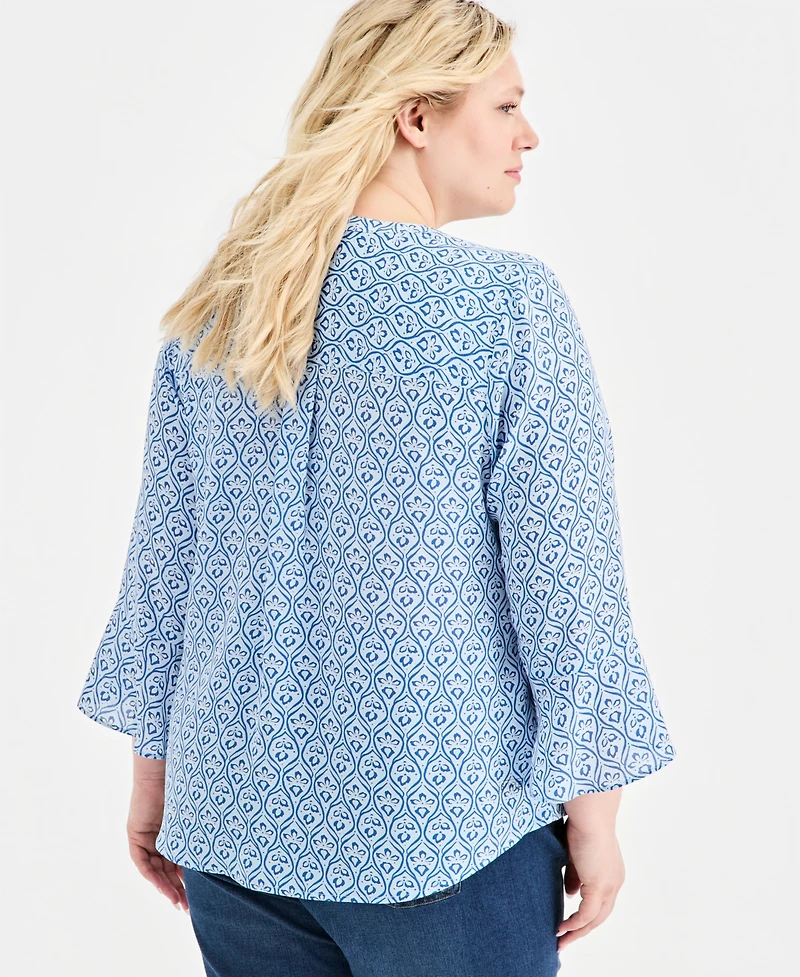 Style & Co Plus Pintucked Bell-Sleeve Printed Top, Macy's Exclusive