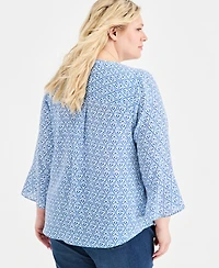 Style & Co Plus Pintucked Bell-Sleeve Printed Top, Macy's Exclusive