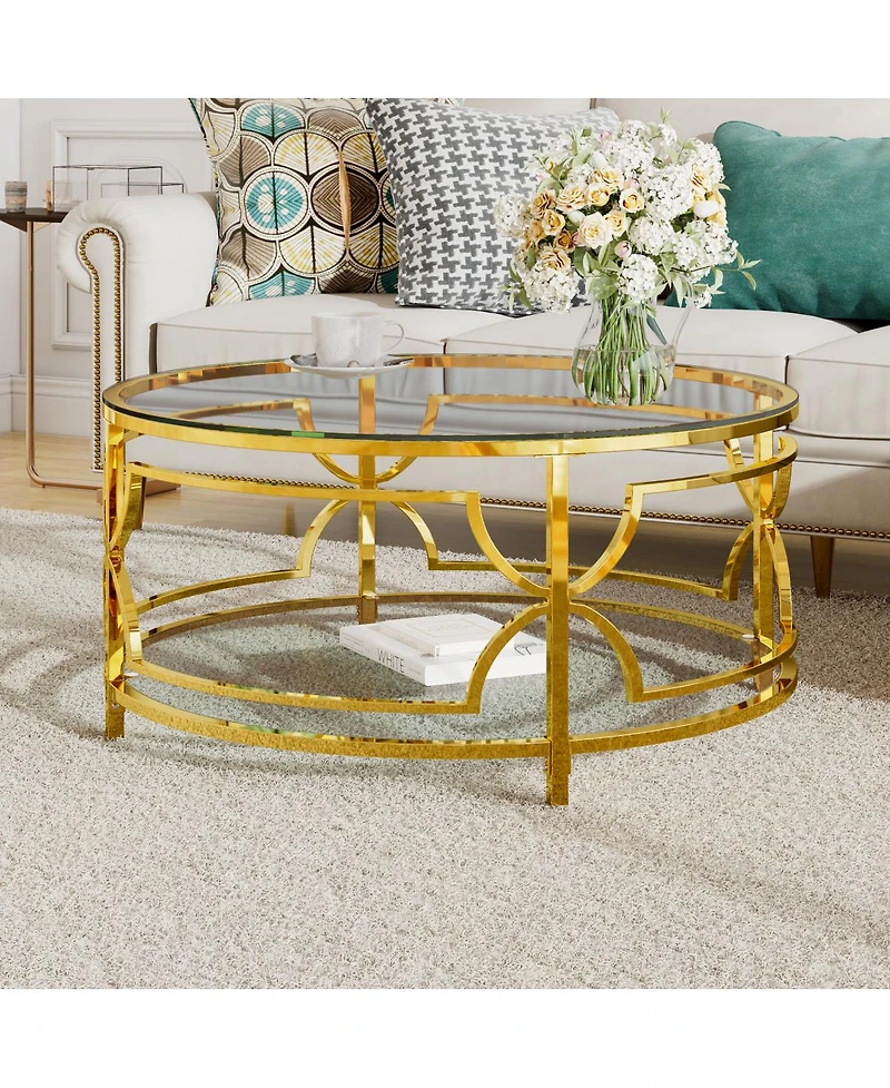 Streamdale Furniture Round Tempered Glass Coffee Table, 30.7" ,Geometric Metal Frame