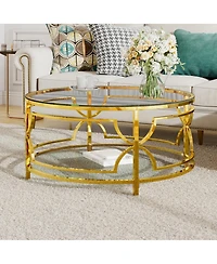 Streamdale Furniture Round Tempered Glass Coffee Table, 30.7" ,Geometric Metal Frame