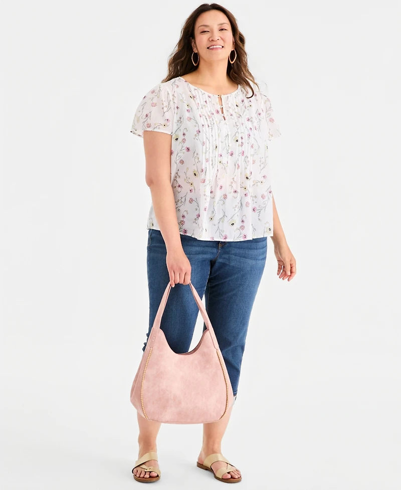 Style & Co Plus Cotton Printed Pleat-Front Top, Macy's Exclusive