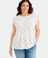 Style & Co Plus Drawstring-Shoulder Printed Top, Macy's Exclusive