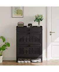 Homfan Shoe Storage Cabinet with 2 Flip Drawer, Shoes Organizer Top Drawer，Hollow Out Panel And Square Handles