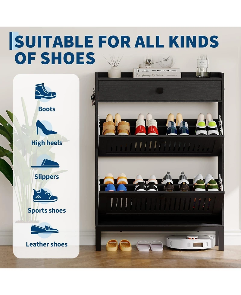 Homfan Shoe Storage Cabinet with 2 Flip Drawer, Shoes Organizer Top Drawer，Hollow Out Panel And Square Handles