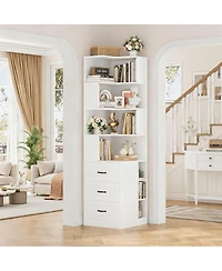 Yigii Corner Bookshelf L-Shaped 4-Tier 3 Drawers 3 Cubbies