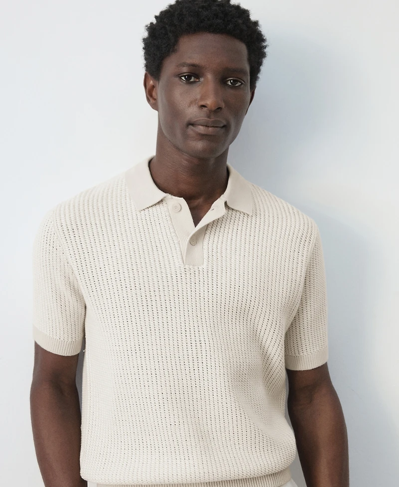 Mango Men's Textured Knitted Cotton Polo Shirt