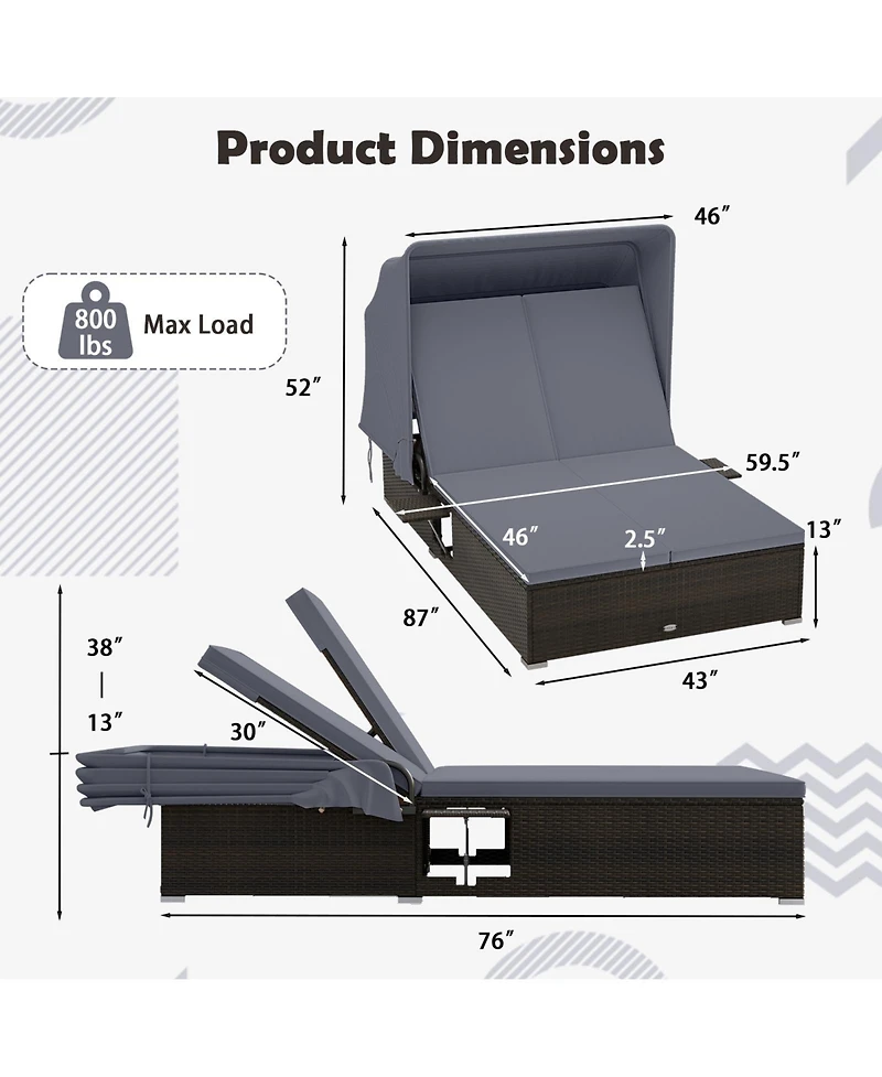 Gymax 2-person Rattan Lounge Bed w/ Retractable Canopy 5-position Adjustable Backrest