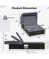 Gymax 2-person Rattan Lounge Bed w/ Retractable Canopy 5-position Adjustable Backrest