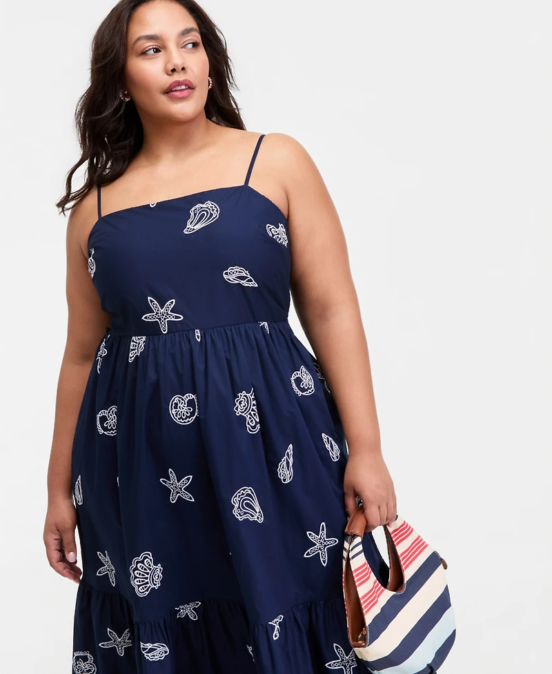 On 34th Trendy Plus Cotton Seashell-Embroidered Dress, Macy's Exclusive