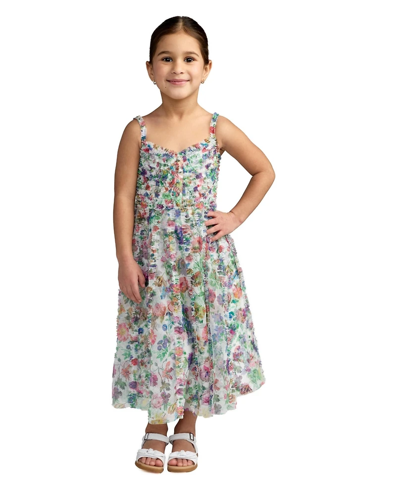 Mac Duggal Big Girls Mesh V-Neck Floral Print Mini Dress
