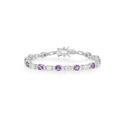 Simona Sterling Silver, Round & Oval Gem Bracelet - Amethyst & White Topaz